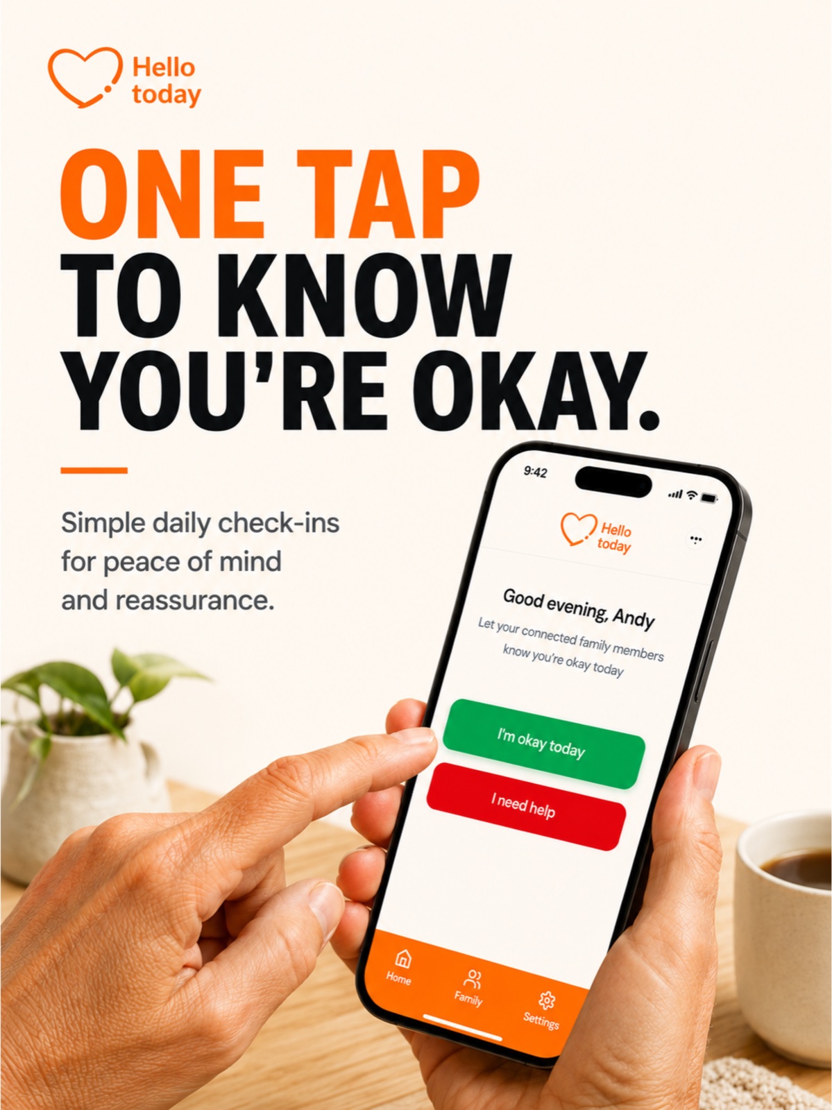 Hello Today promotional artwork with an iPhone showing the daily check-in app