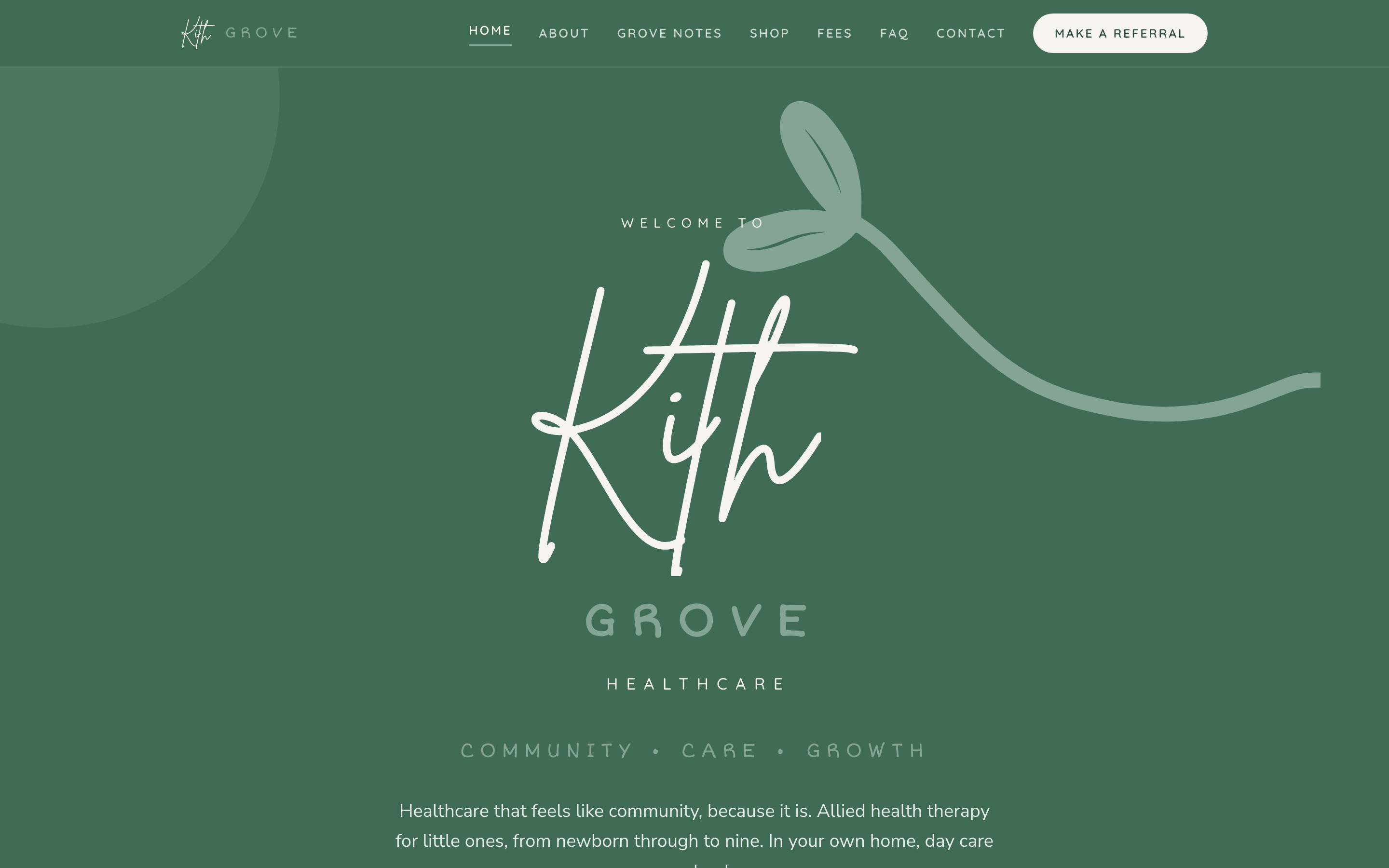 Kith Grove Healthcare’s green website, handwritten identity and referral navigation