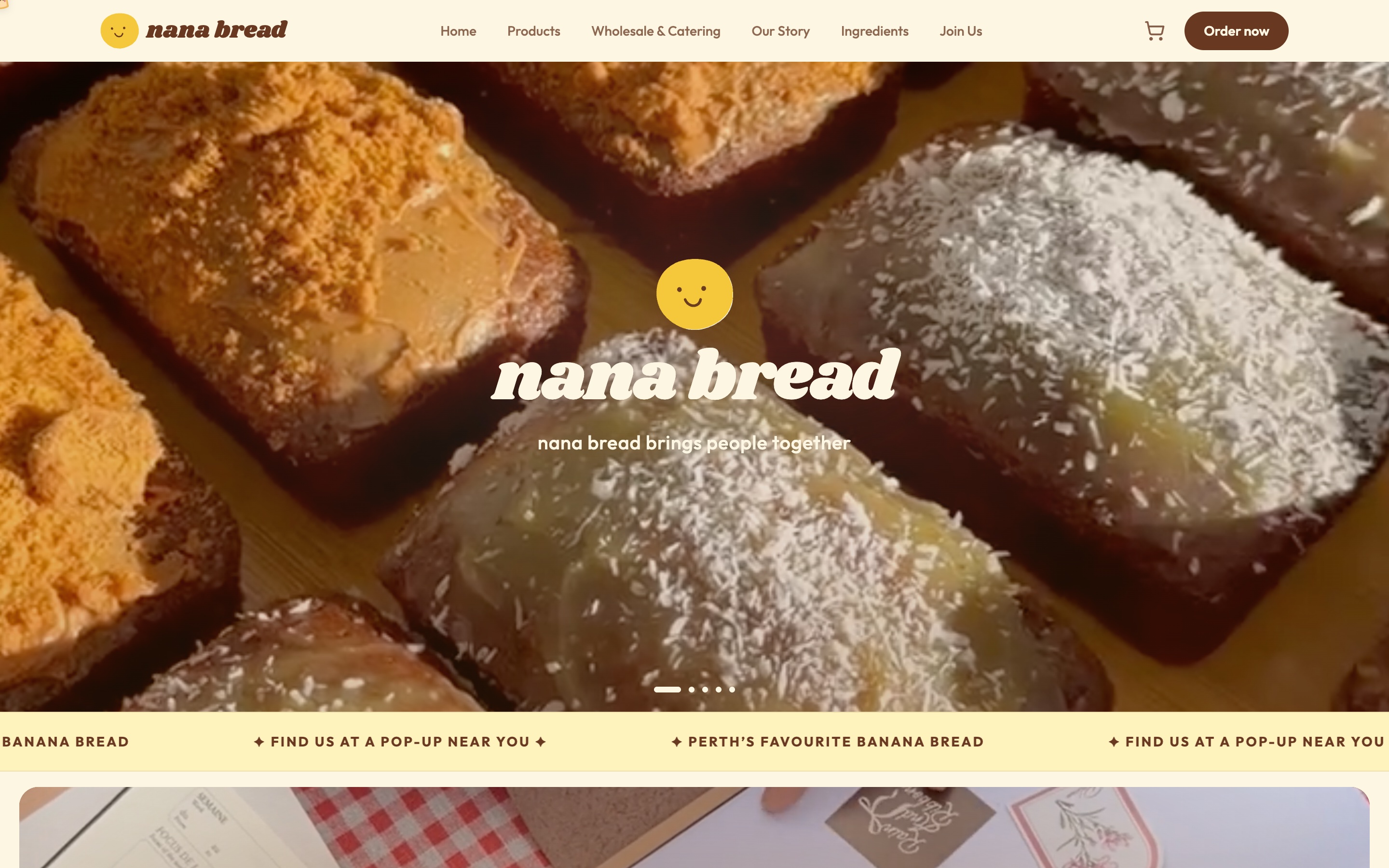 Nana Bread’s current homepage with banana bread photography, a cream wordmark and Order now navigation