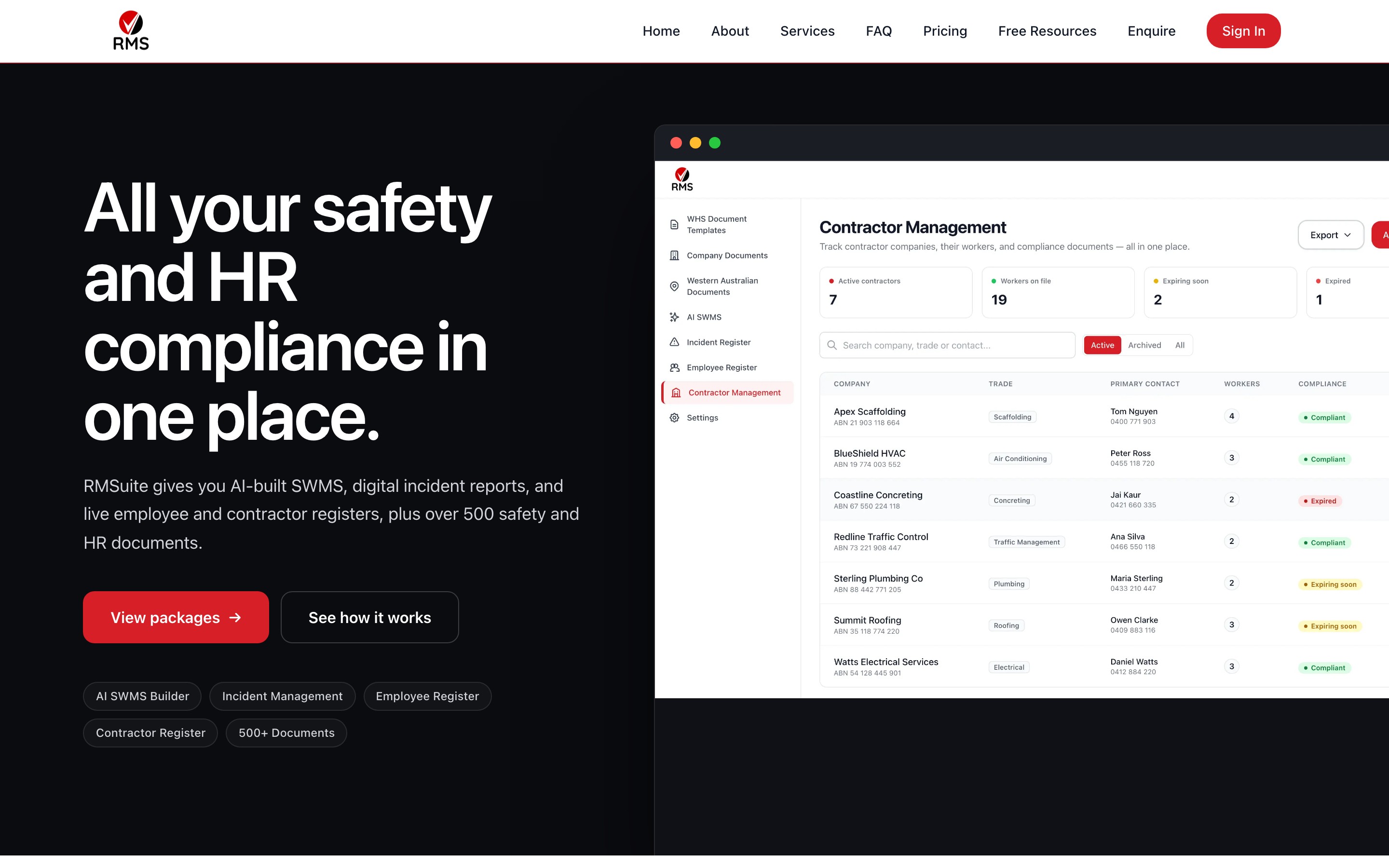 RM Safe’s website showing its compliance platform and contractor management interface